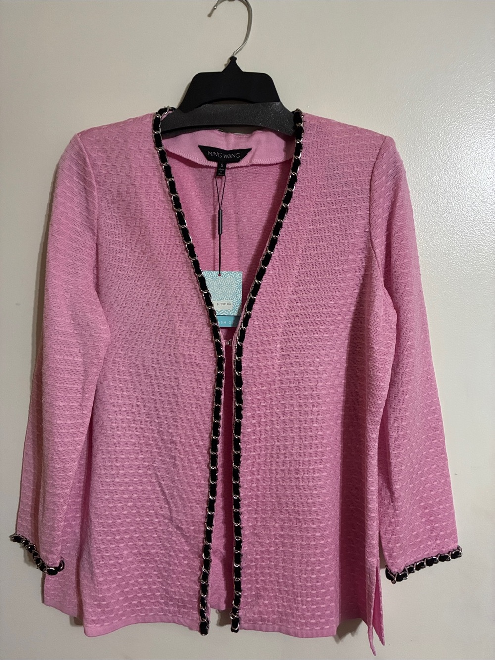 Ming Wang Pink Open-Front Jacket with Black Trim and Silver Chain